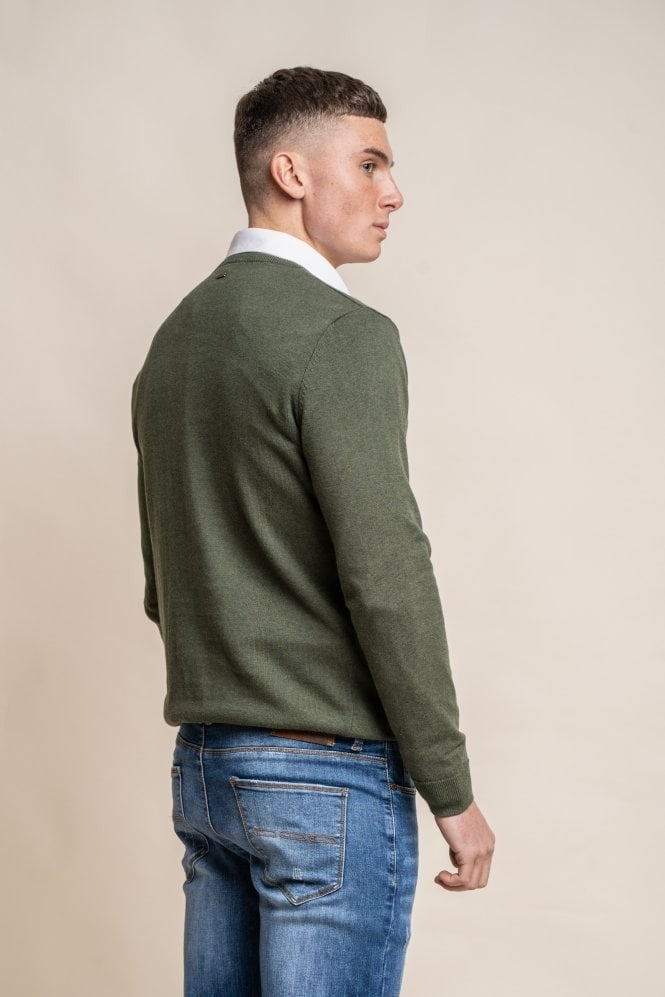 Men's Cotton Slim Fit Crewneck Jumper - Olive Green