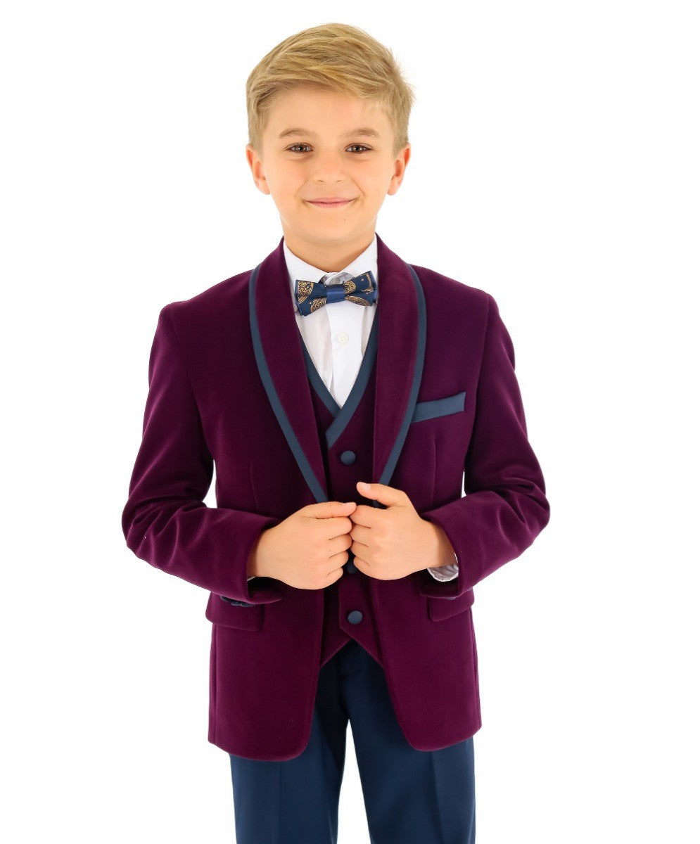 Boys Slim Fit Piping Velvet Tuxedo Suit - LONDON - Purple