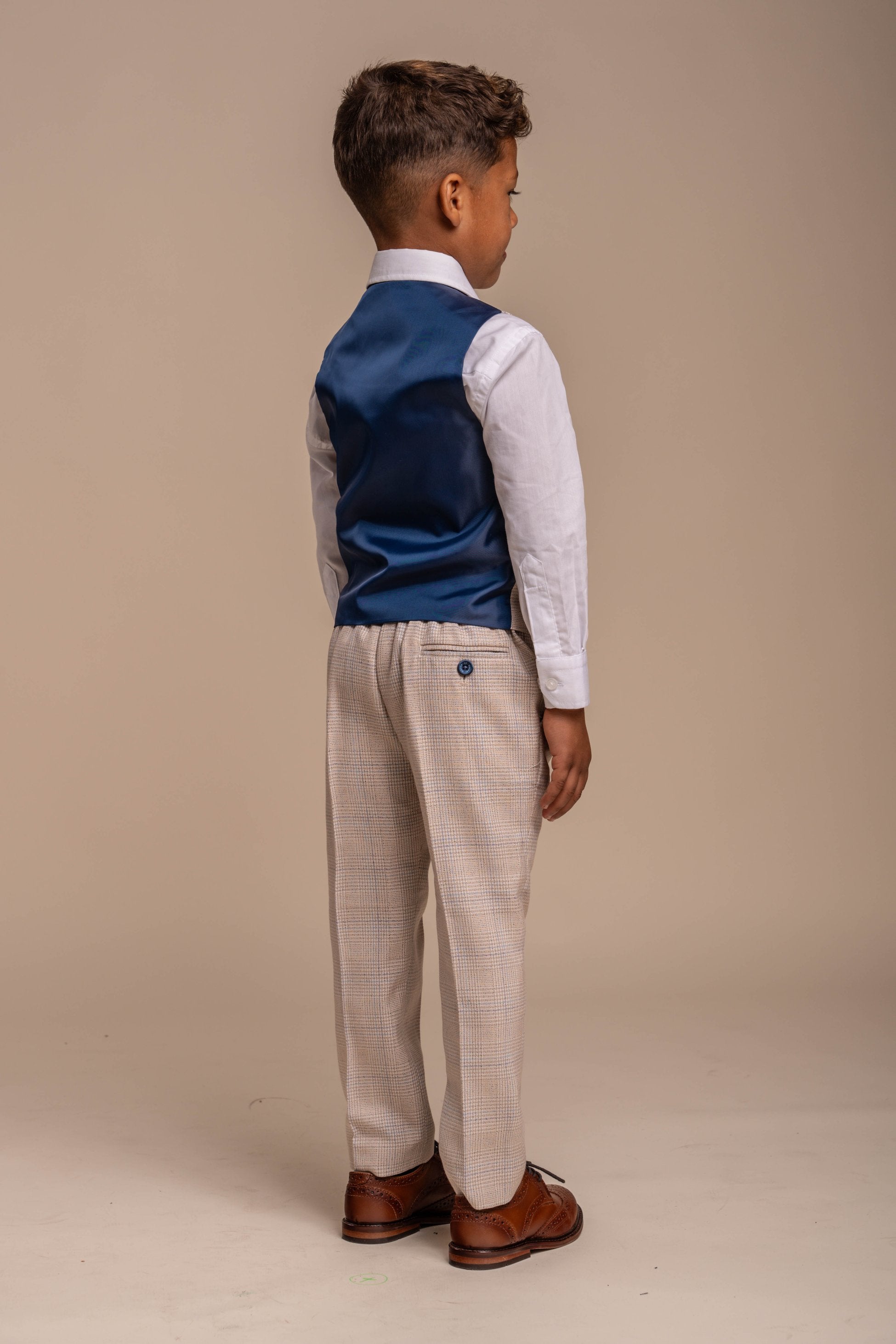 Boys Tweed Houndstooth Check Slim Fit Suit - CARIDI - Beige