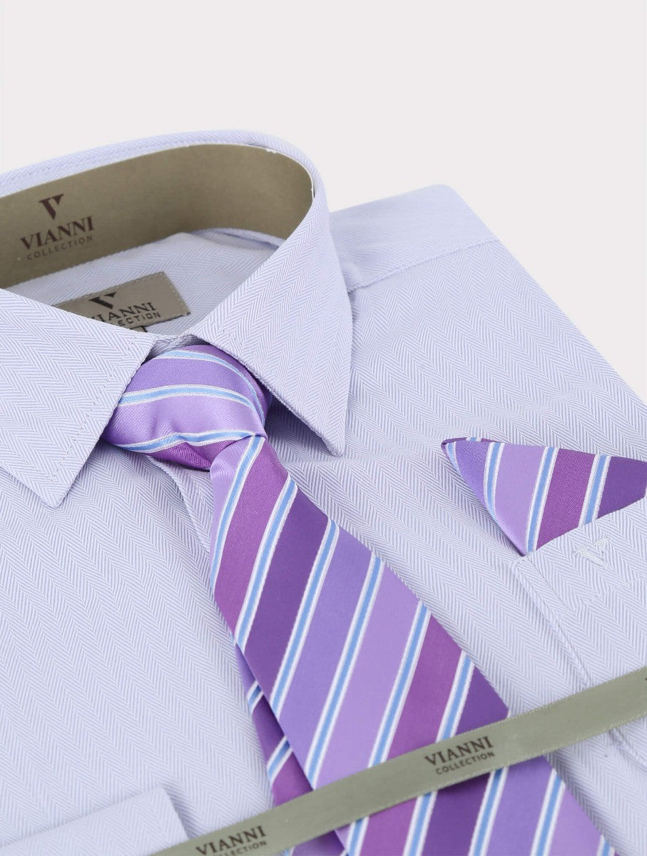 Boys Cotton Blend Long Sleeve Shirt, Tie & Hanky Set - Lilac -Patterned Tie