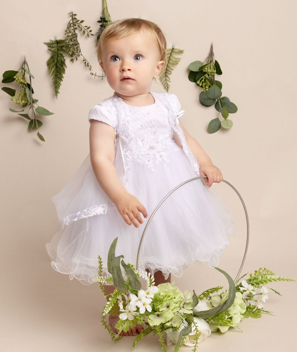 Baby Girls White Tulle Christening Dress Set - FAITH - White