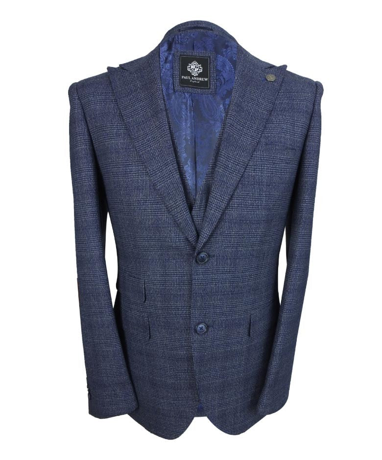 Men's Tweed Check Blue Suit - GRAHAM - Blue