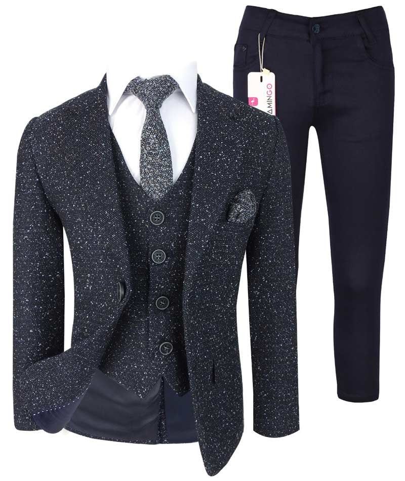 Boys Tailored Fit Tweed Suit with Chino - COSMO Navy - Navy Blue