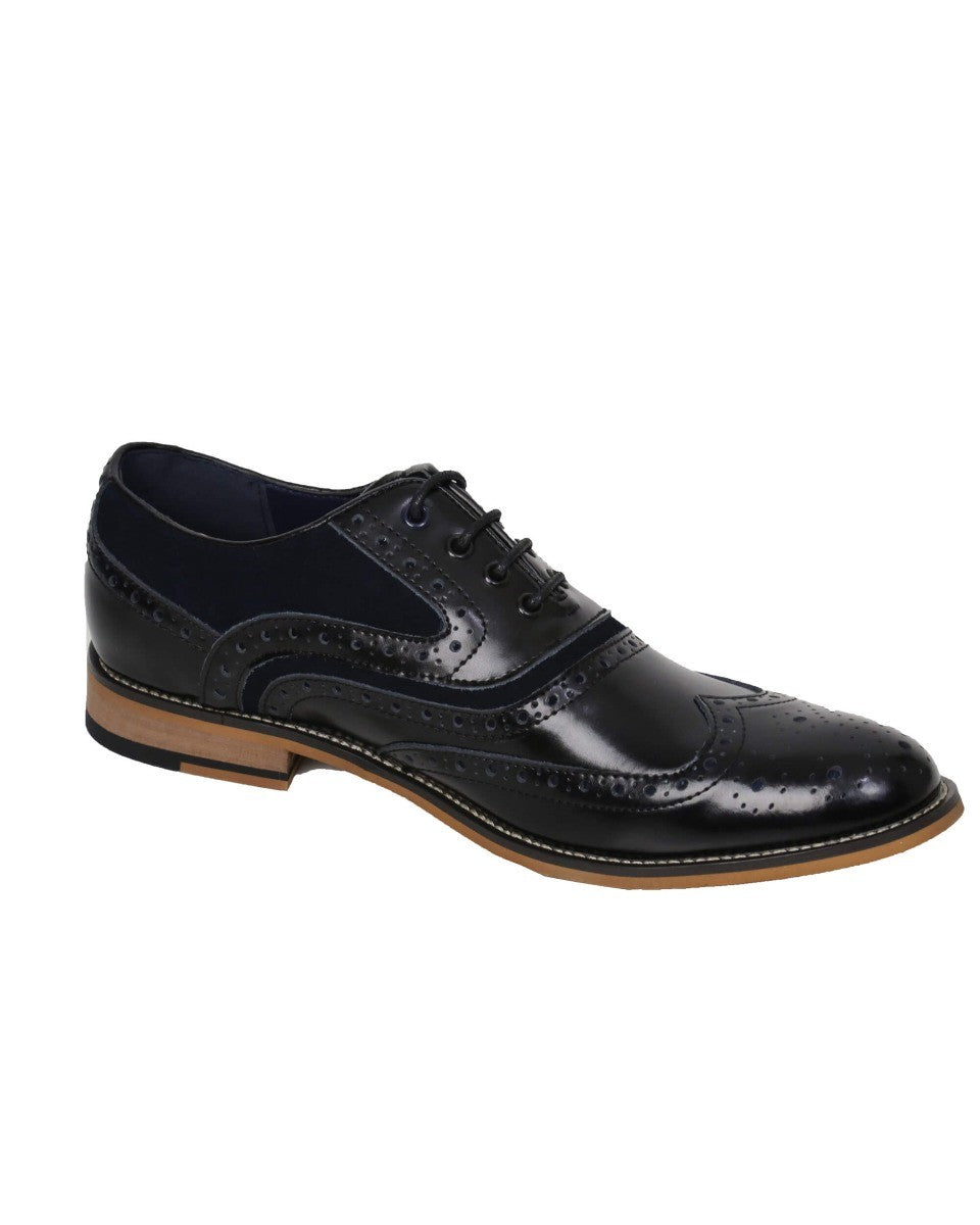 Men's Lace Up Suede & Leather Brogues Shoes -ETHAN - Black - Navy Blue