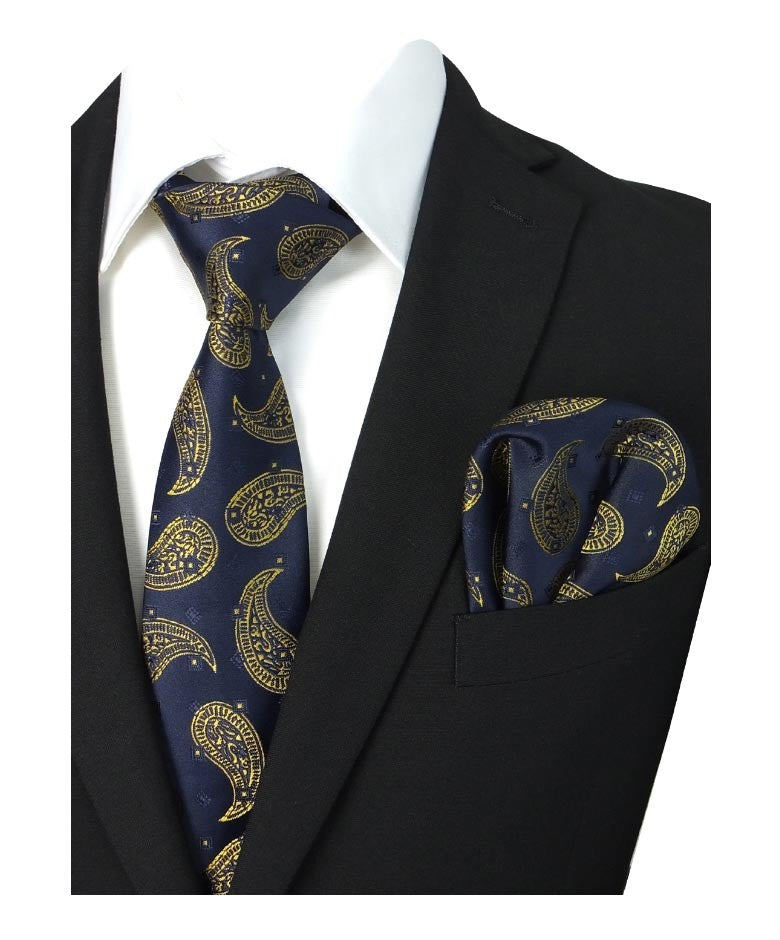 Boys & Men's Paisley Swirls Formal Tie & Hanky Set - Navy Blue - Gold