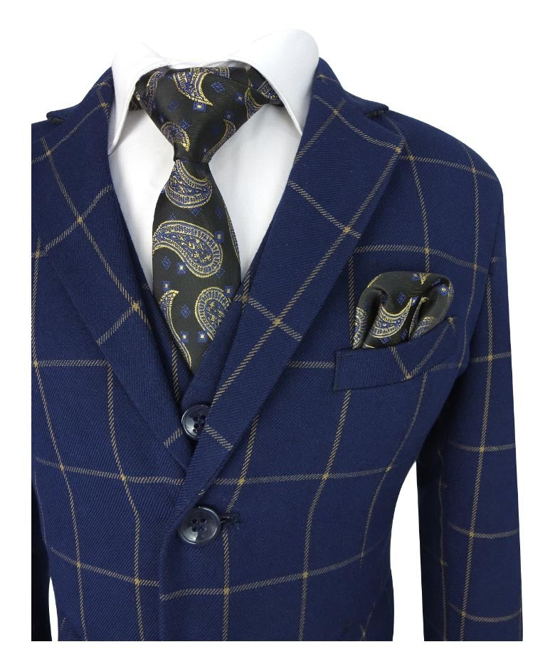 Boys Windowpane Check Suit Set - Navy Blue - Gold