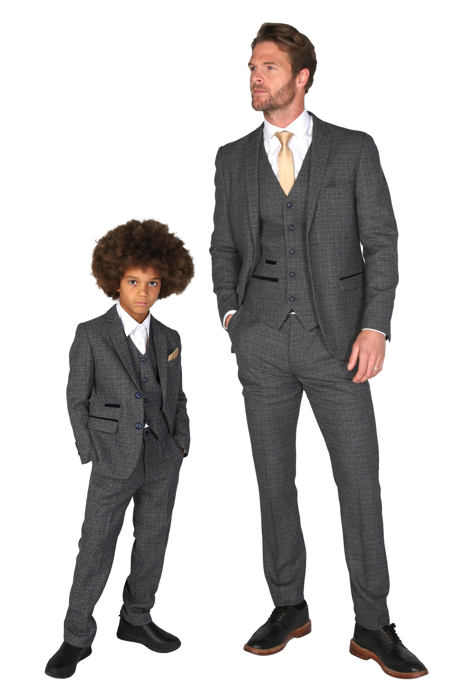 Boys Tweed Tailored Fit Formal Suit - Ralph - Grey - Navy Blue