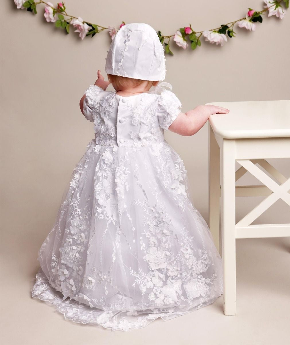 Baby Girls Lace Heirloom Christening Gown & Bonnet - RACHEAL - Off white