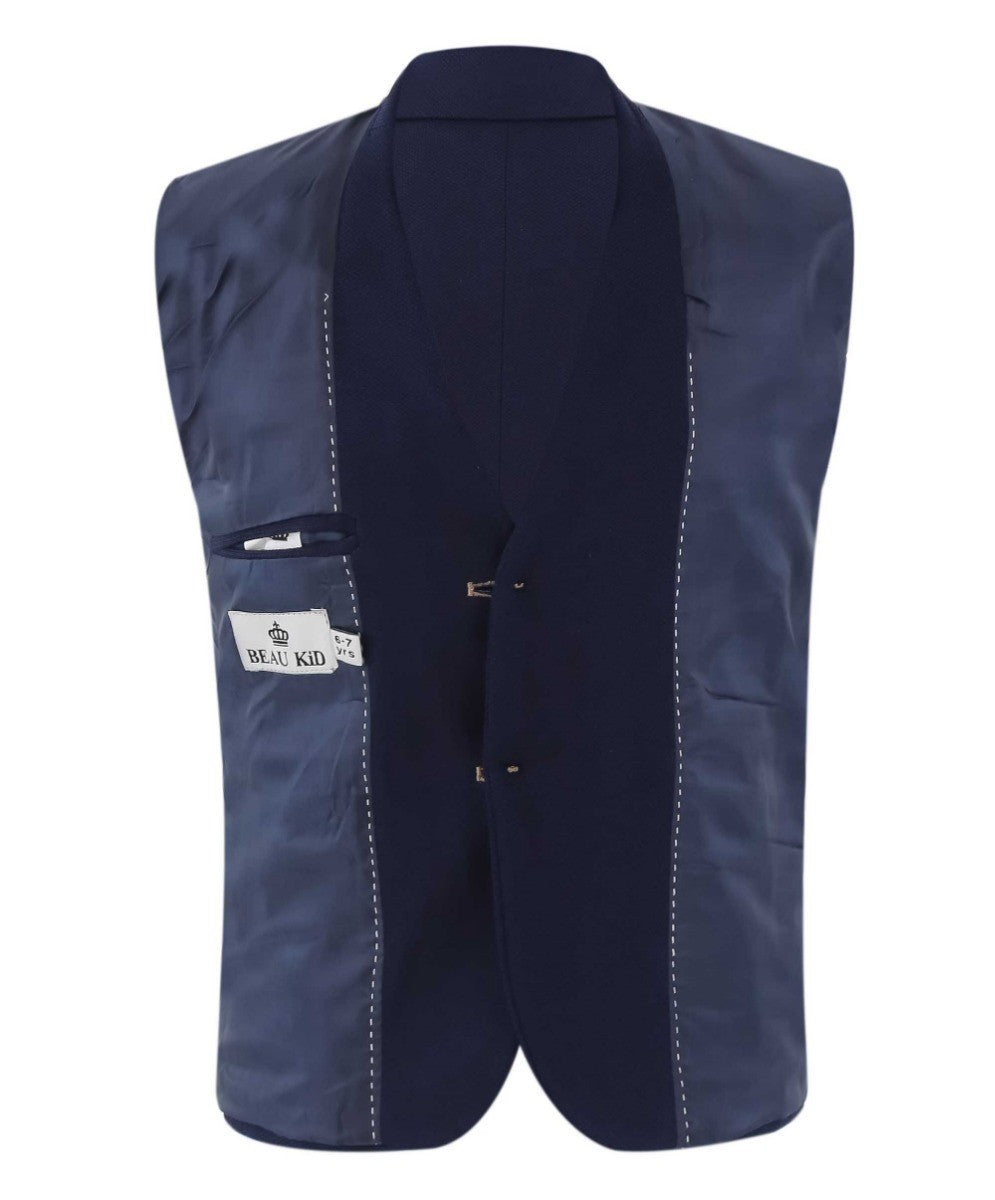 Boys Slim Fit Suit With Tartar check Waistcoat Set - Navy Blue