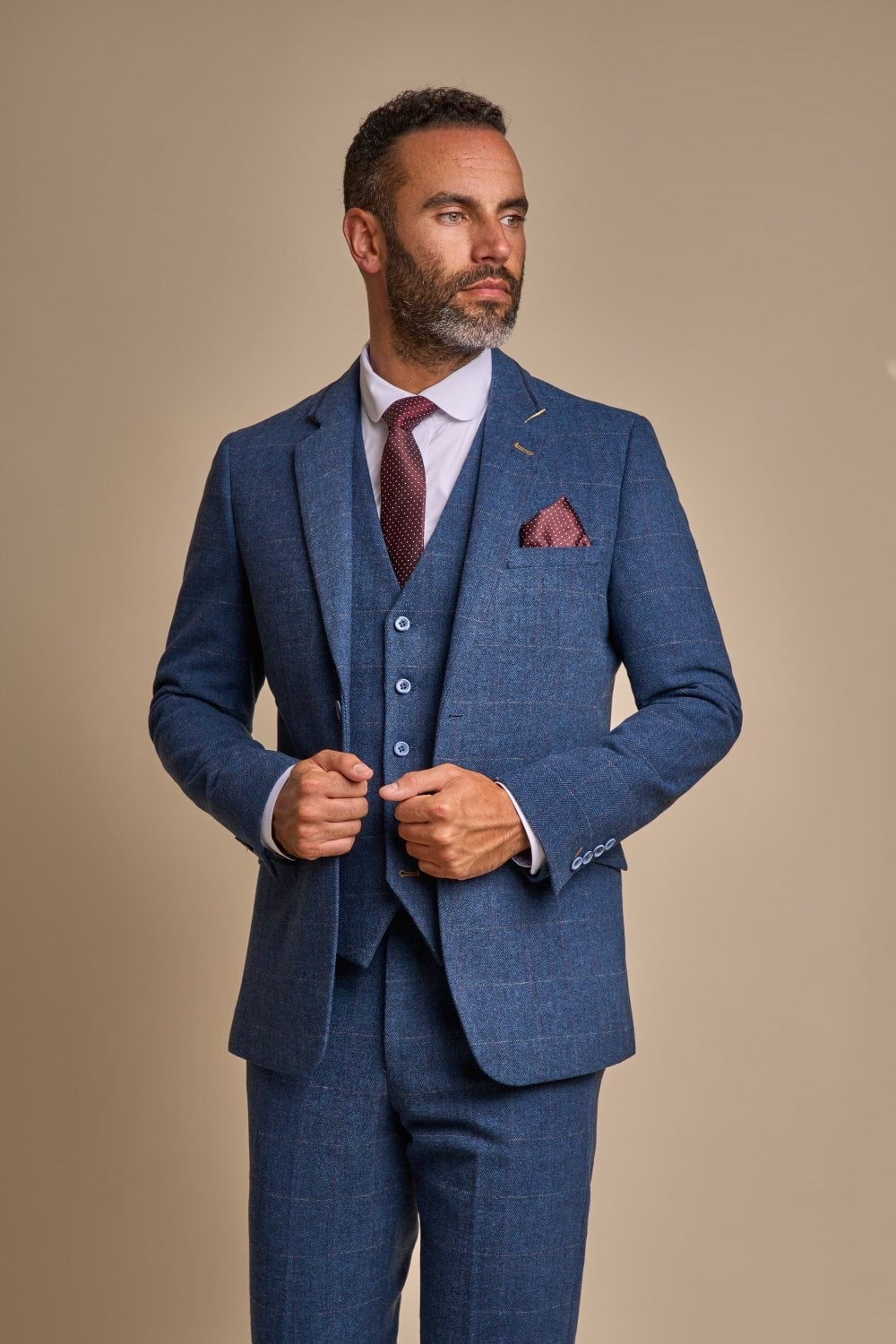 Men's Slim Fit Herringbone Tweed Suit Jacket - CARNEGI - Blue