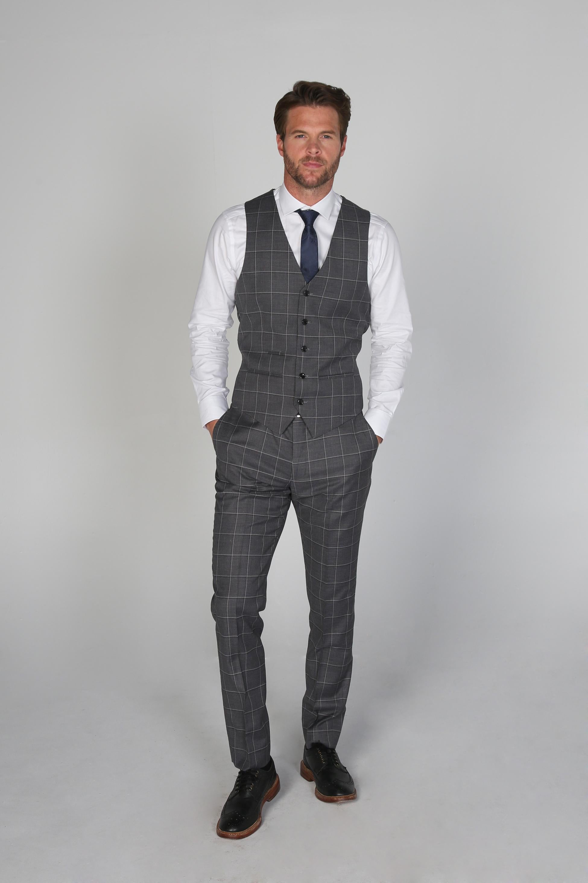 Men's Windowpane Check Tailored Fit Formal Suit - HOBBS - Grey