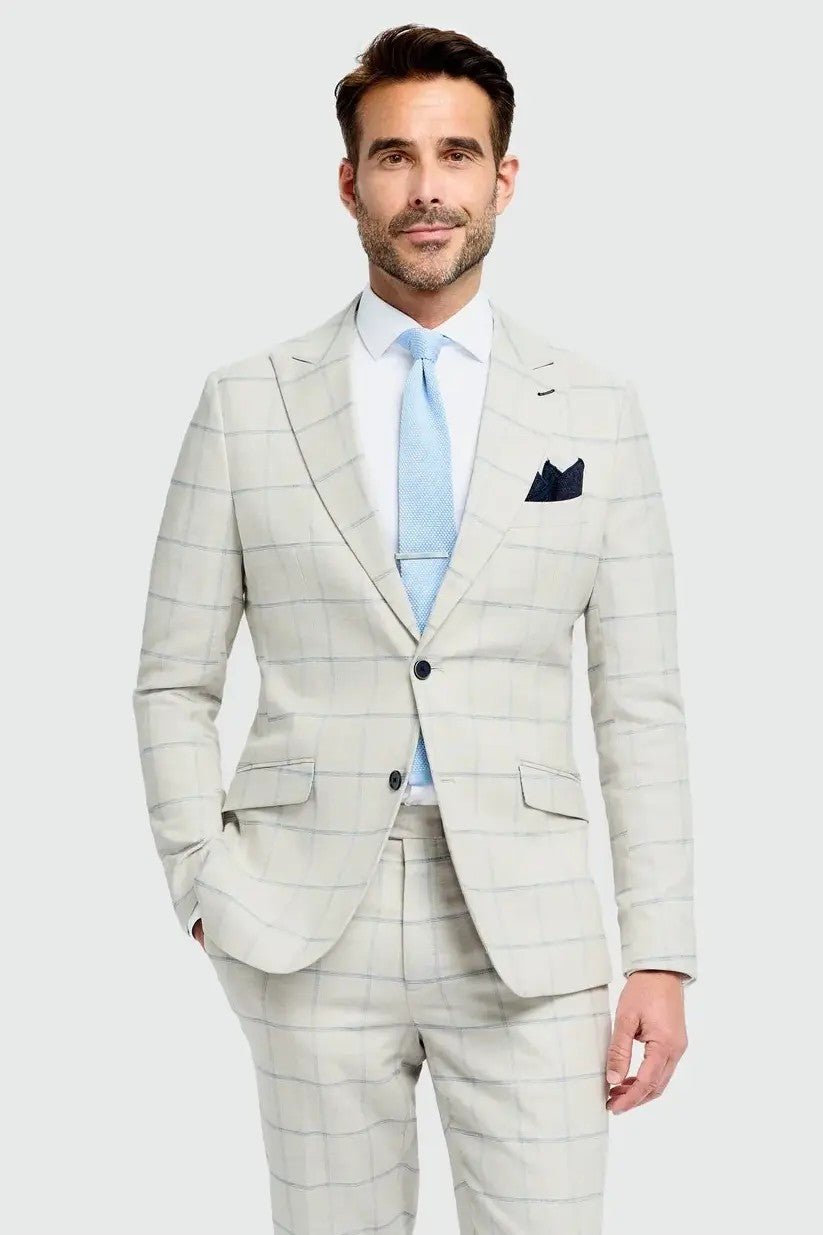 Men’s Light Grey Windowpane Check Suit Jacket - Gabriel - Light Grey