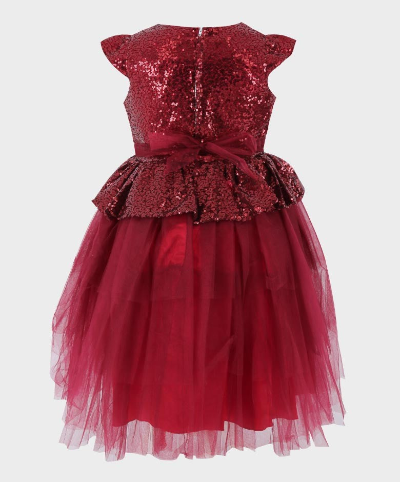 Girls Sequin and Tulle Puffy Dress - Wine Red