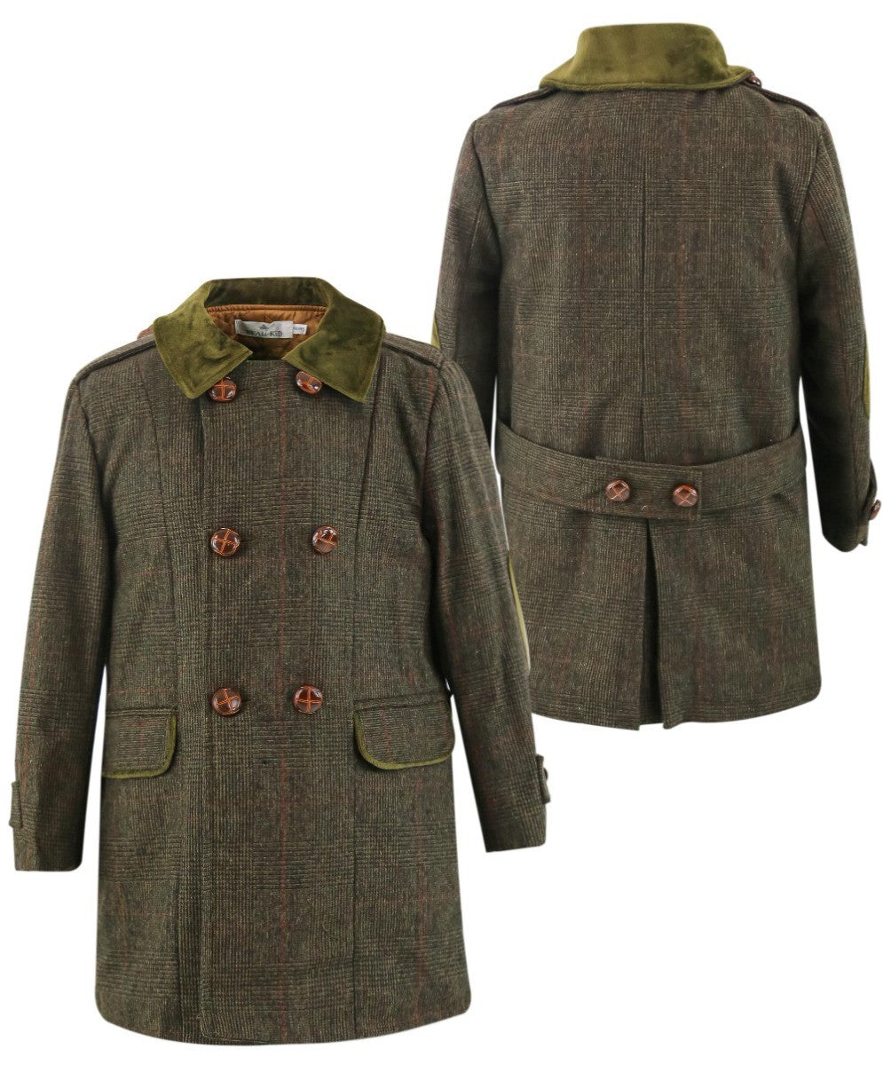 Baby Boy's Tweed Check Double Breasted Mid-Length Coat - Olive Green