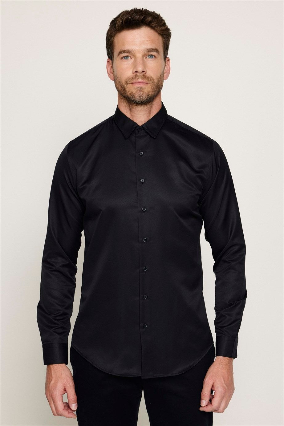 Men's Slim Fit Long Sleeve Dress Shirt - POLY - Black