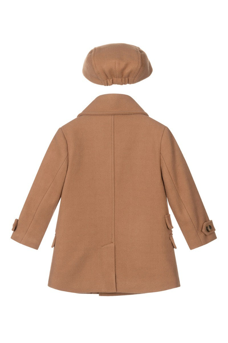 Boys Tweed Double Breasted Midi Geke Coat - Camel Beige