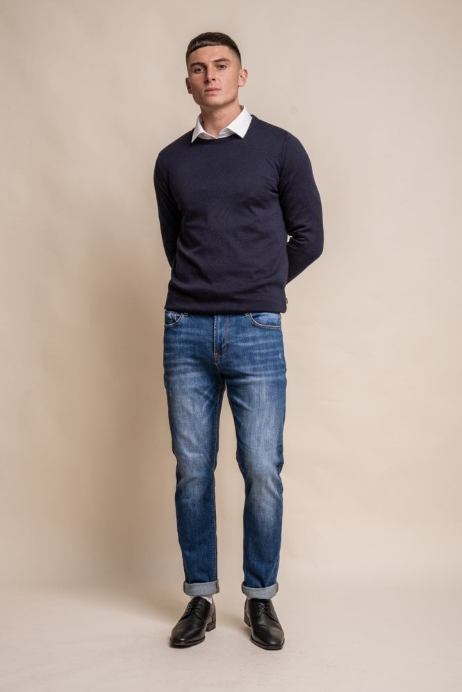 Men's Cotton Slim Fit Crewneck Jumper - Navy Blue