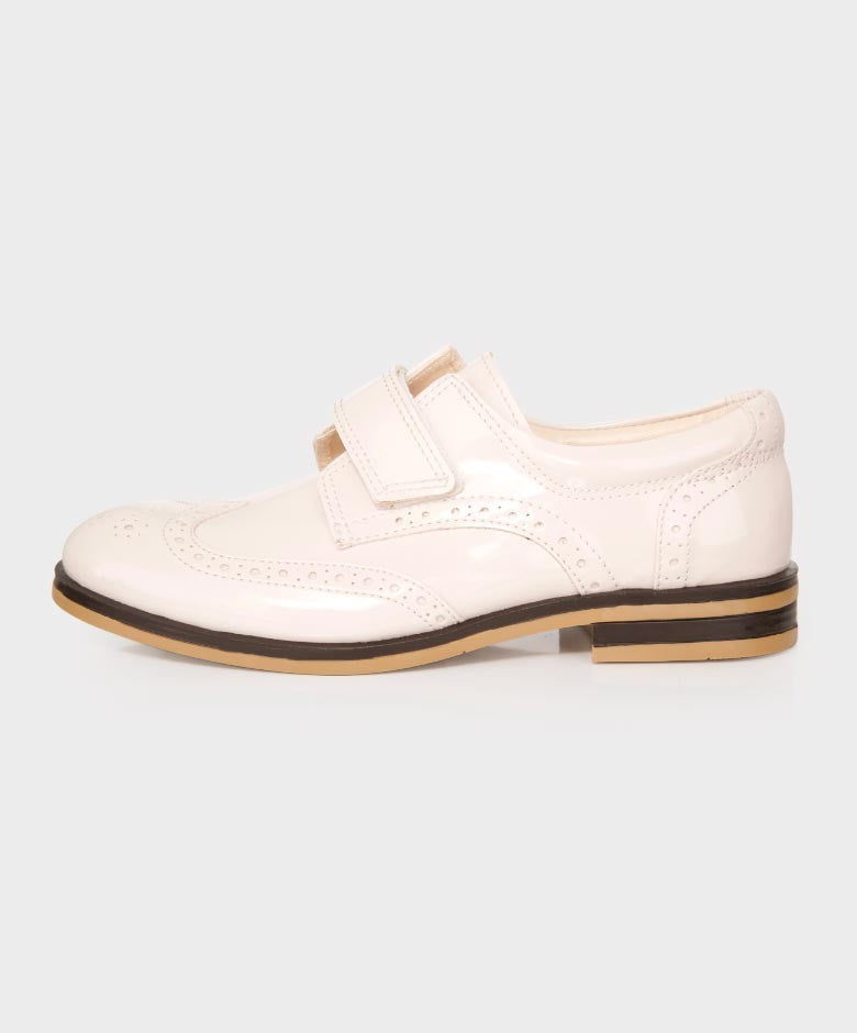 Boys Patent  Brogue Velcro Dress Shoes - Ivory-Cream