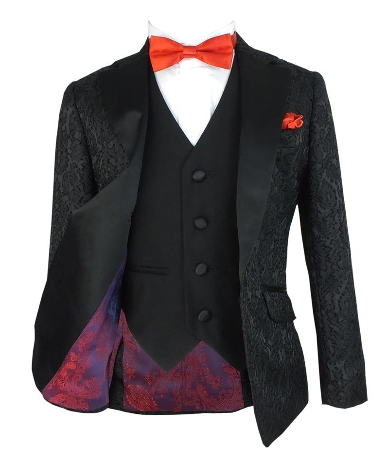 Boys Jacquard Satin Black Suit - Black