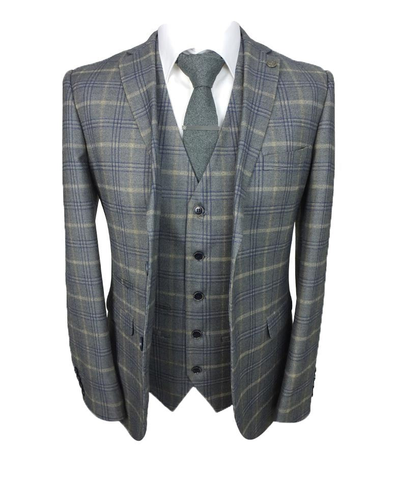 Men's Tailored Fit Retro Check Suit - KENNETH - Grey - Gold