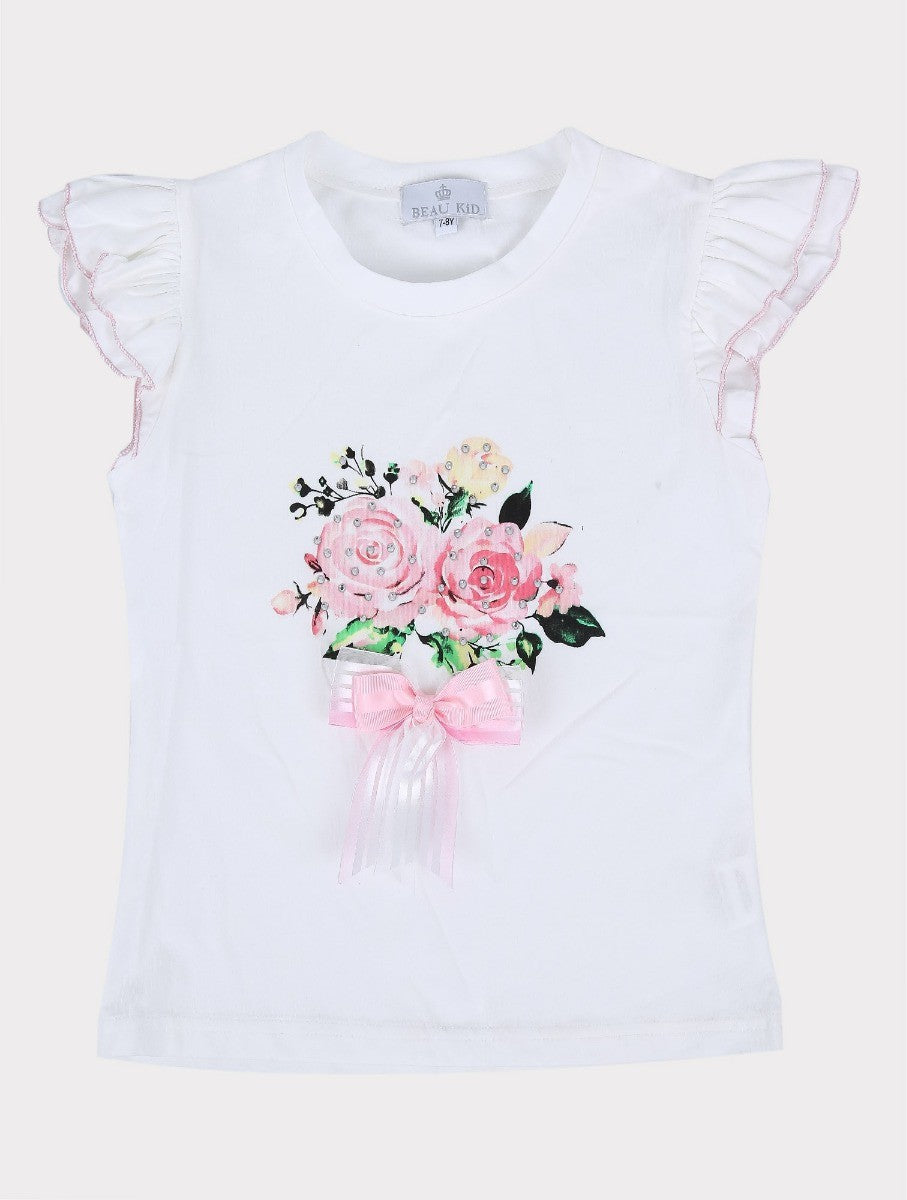 Girls Floral Print Tulle Skirt and T-Shirt Set - Pink