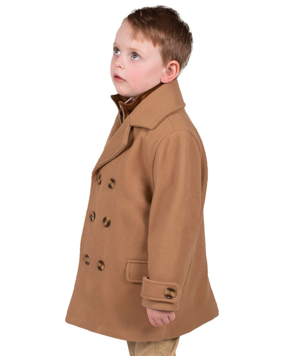 Boys Tweed Double Breasted Midi Geke Coat - Camel Beige