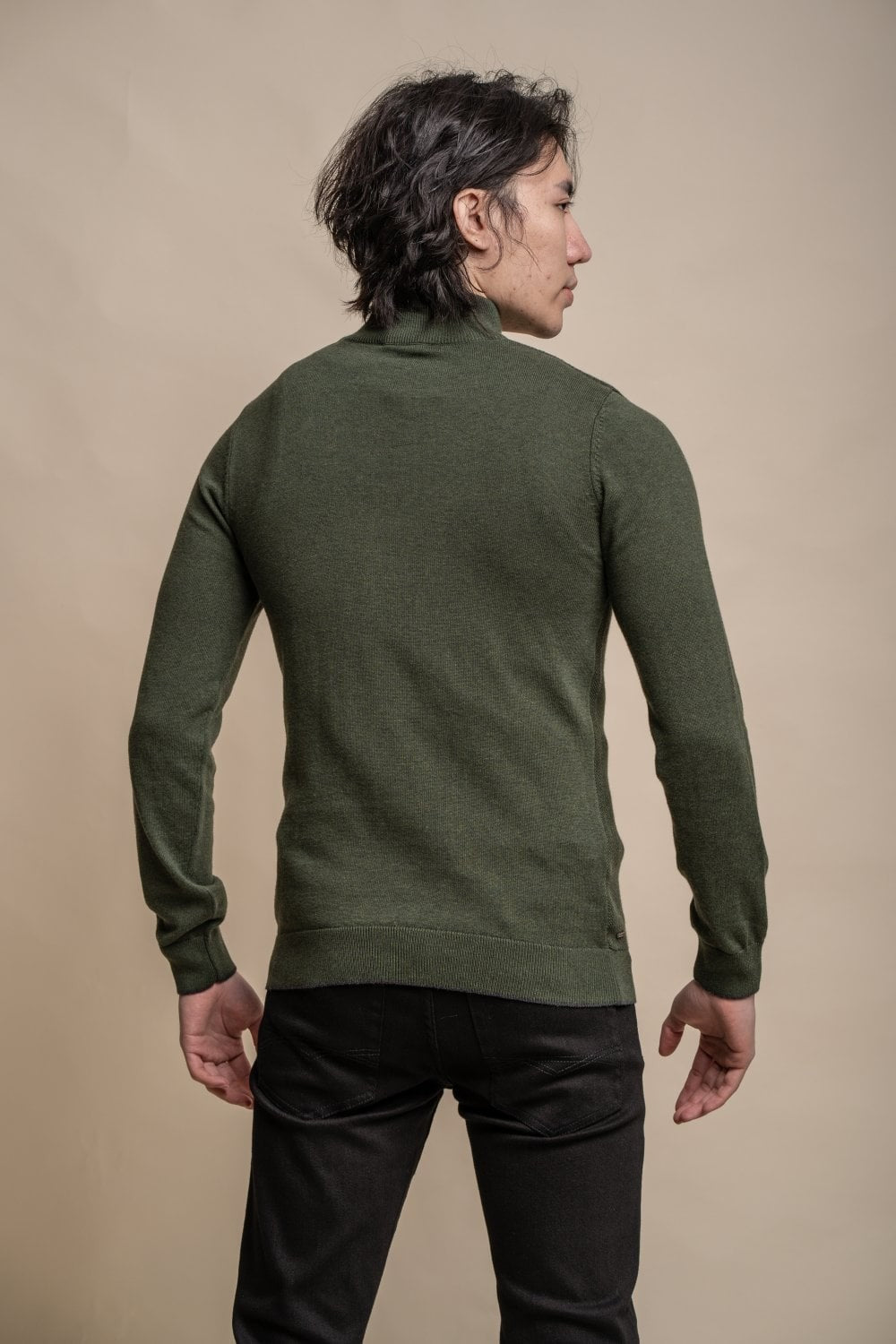 Men's Half Zip Knit Cotton Pullover - KYLE - Olive Green