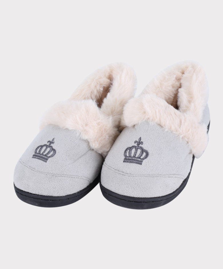 Boys Plush Comfortable Crown Slippers - Cream - Grey