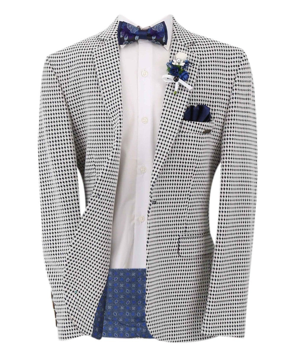 Boys Plaid Single Breasted Slim Fit Formal Blazer - Navy Blue