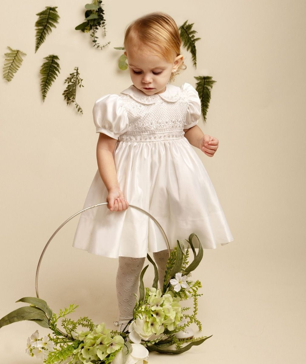 Ivory Satin and Beaded Dress for Girls and Babies – ZELDA - Ivory