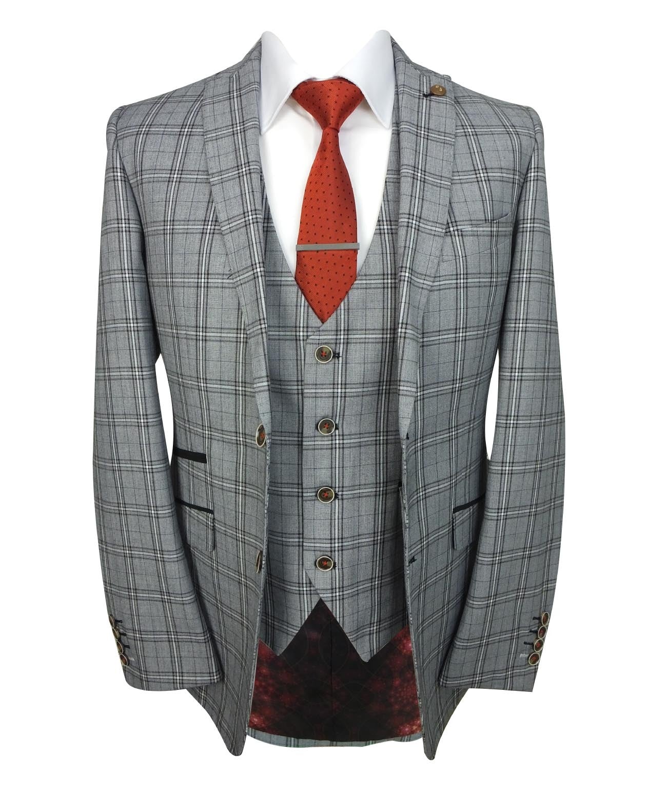 Men's Slim Fit Check 3PC Suit - MARCELLO - Grey