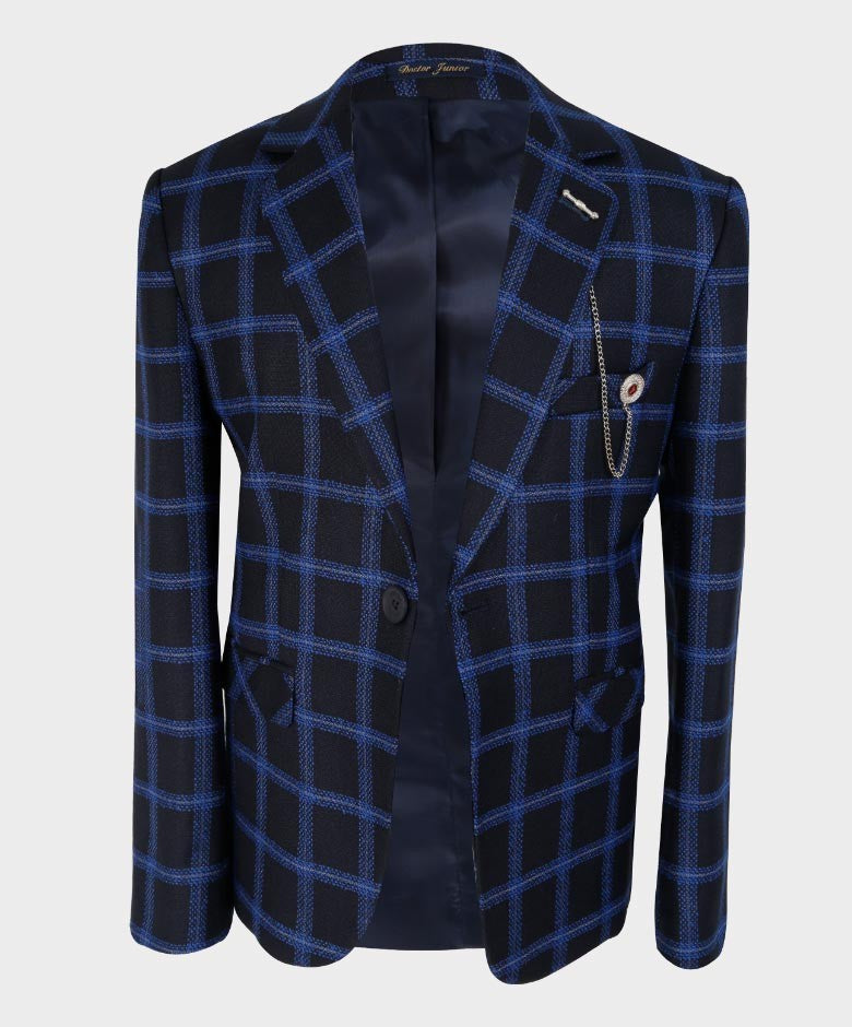 Boys Tailored Fit Windowpane Retro Check Suit - Royal Blue - Black