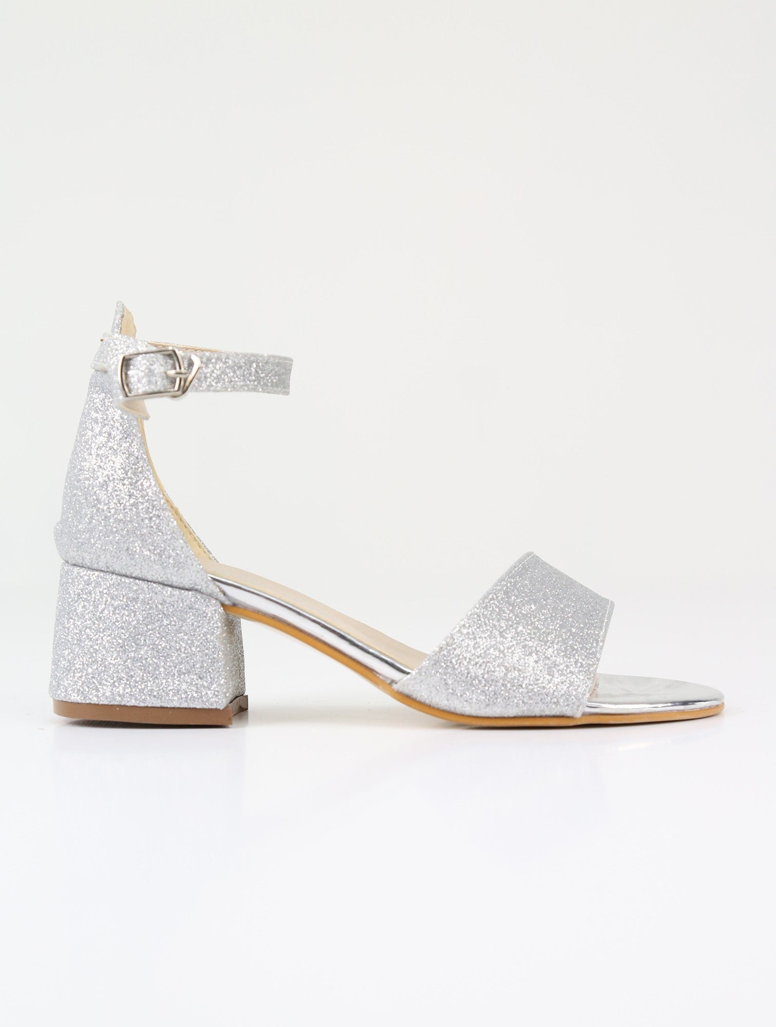 Girls Ankle-Strap Block Heel Sandals - SPARKLE - Silver