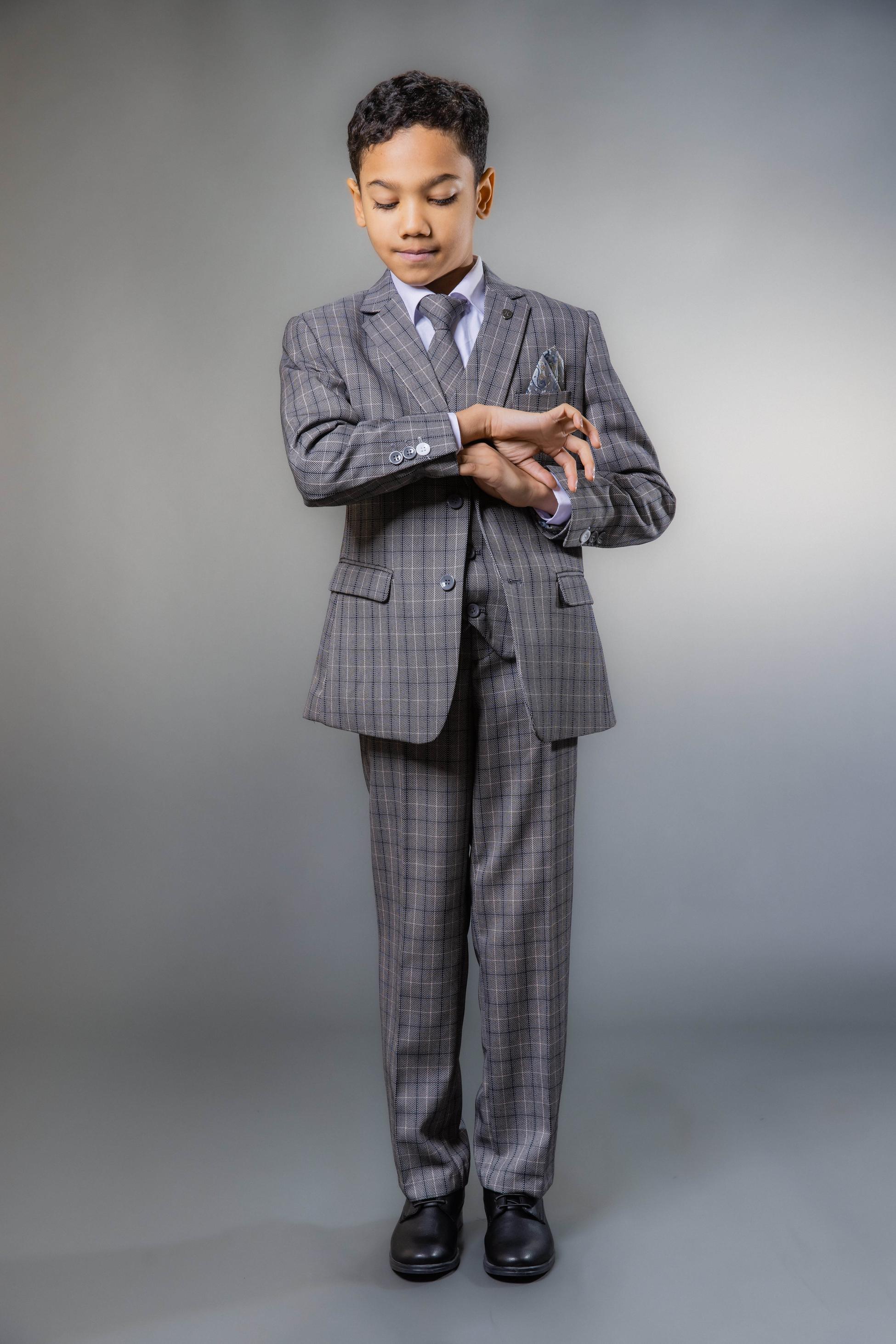 Boys Tweed Check Tailored Fit Suit - Grey