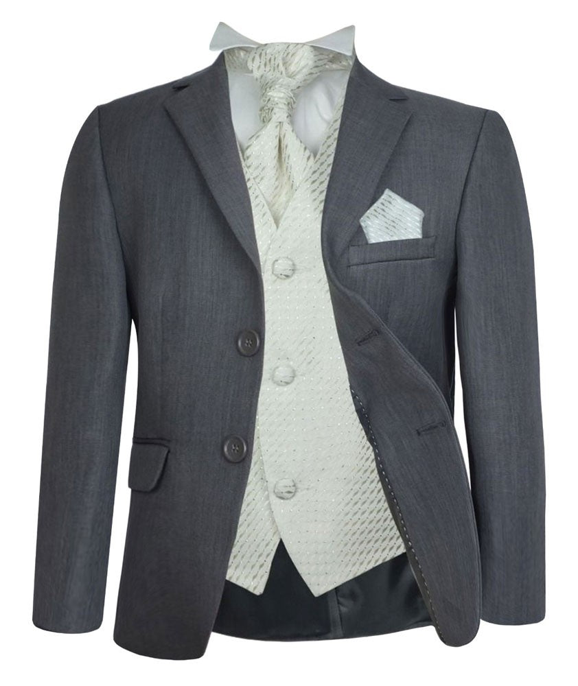 Boys Formal Suit with Patterned Waistcoat and Cravat Set - Grey and Ivory