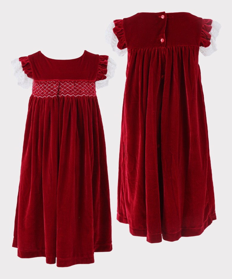 Girls Smocked Velvet Sleeping Gown 2 Pieces Set - Wine Red