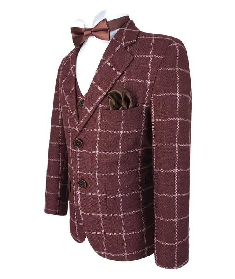 Boys Retro Windowpane Tailored Fit Check Suit - Maroon