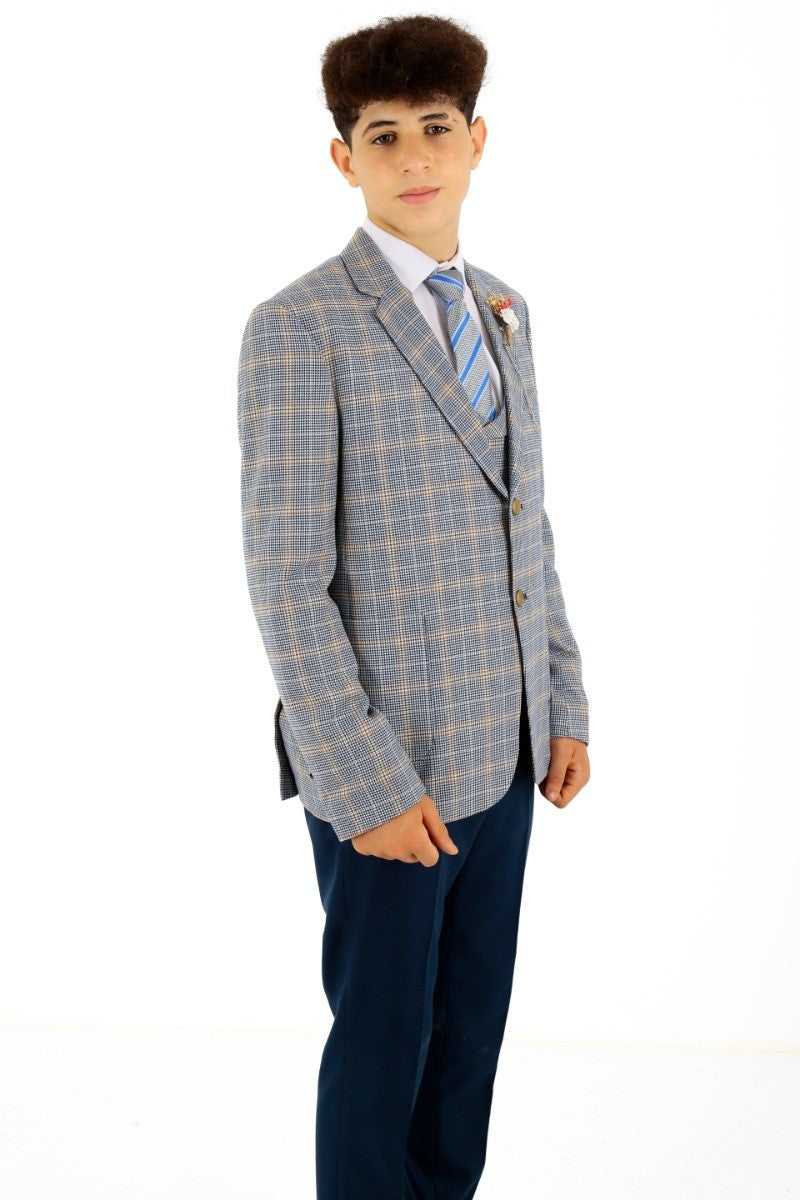 Boys Windowpane Check Slim Fit Suit - Blue