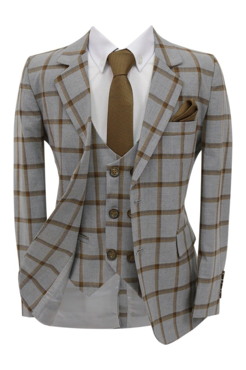 Boys Windowpane Check Suit 7 PC Set - Brown