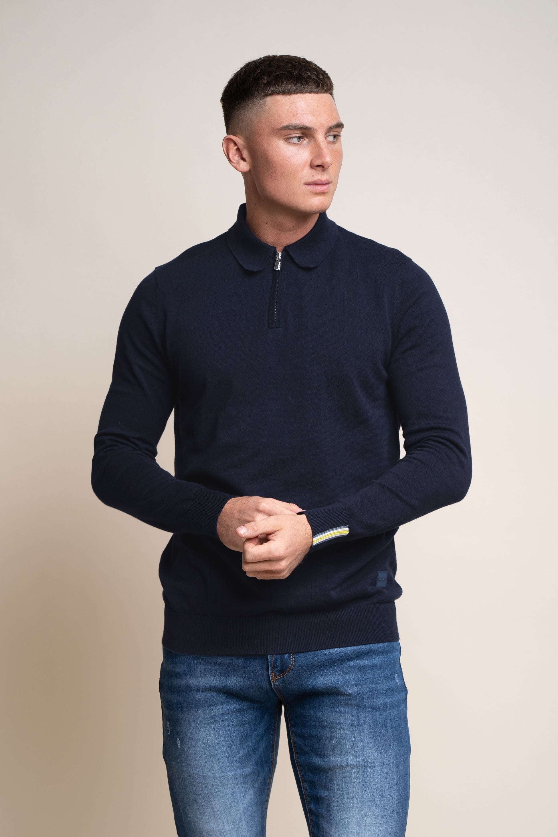 Men's Cotton Mock Neck Quarter Zip Jumper - Falcao - Navy Blue