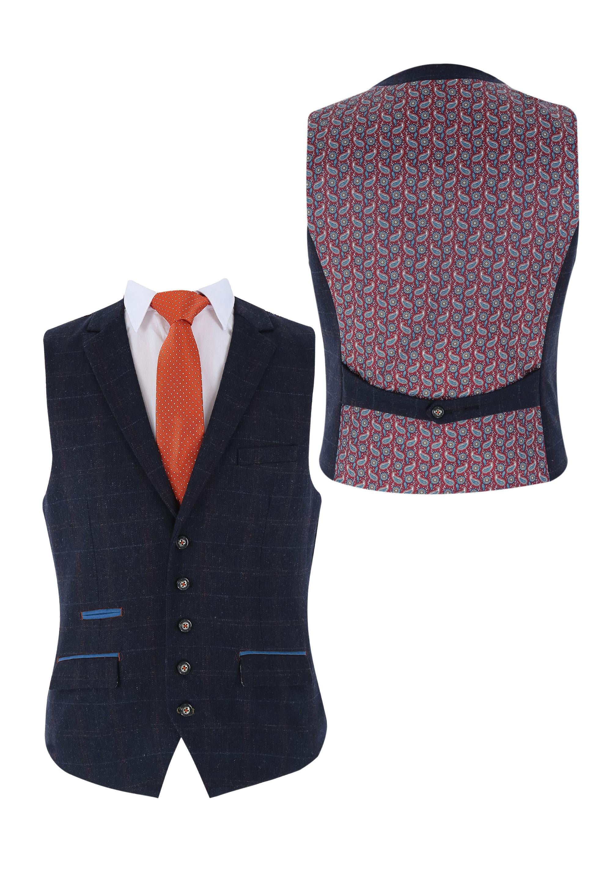 Men's Tweed Windowpane Check Navy Blue Waistcoat - RYAN - Navy Blue