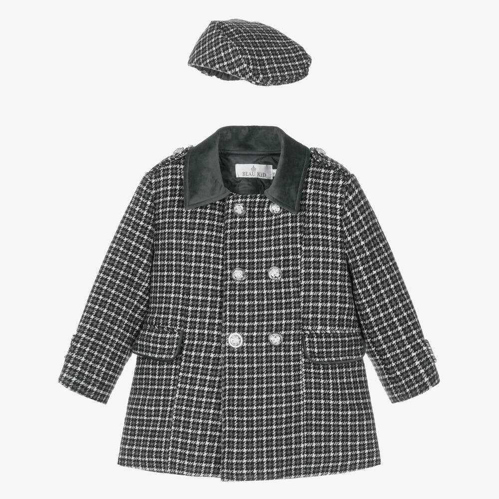 Boys Tweed Houndstooth Pea Coat with Matching Cap - Charcoal Grey