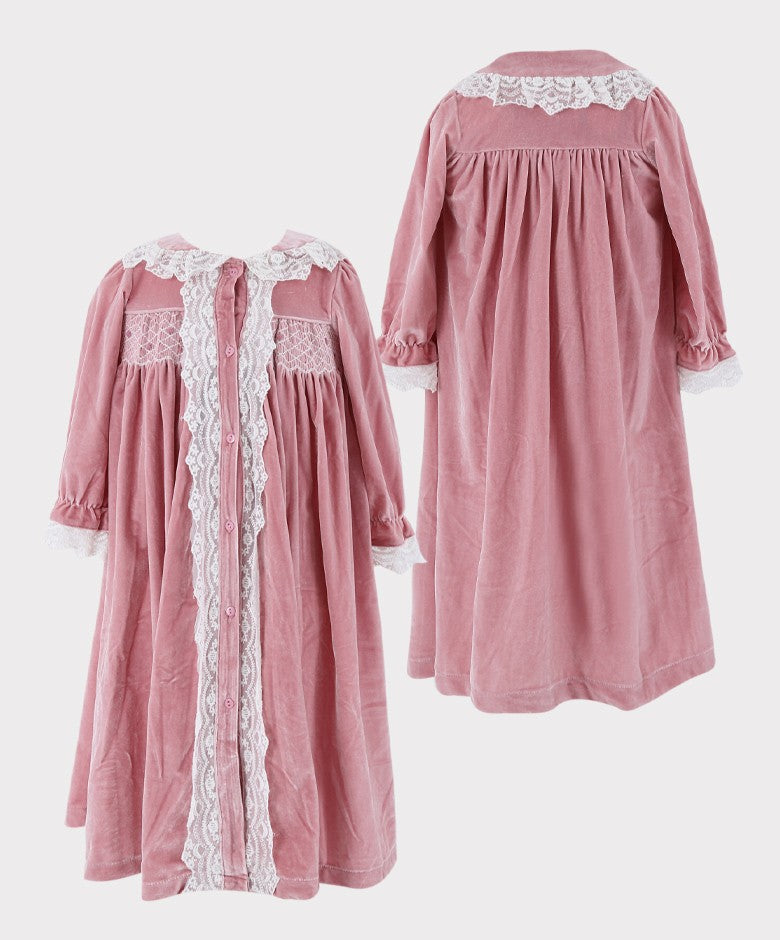 Girls Smocked Velvet Sleeping Gown 2 Pieces Set - Pink