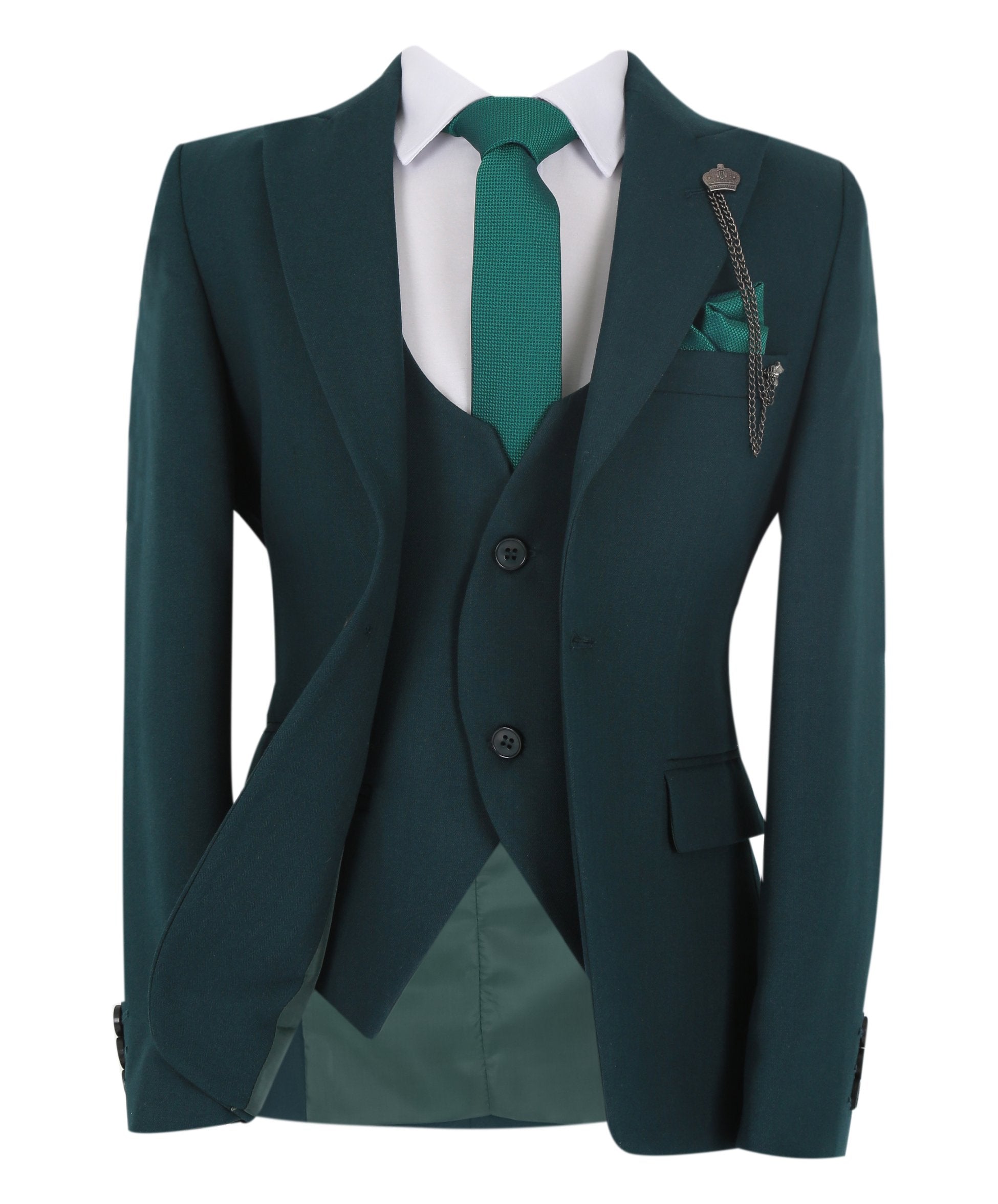 Boys Slim Fit Herringbone 8 Piece Suit Set - KING - Emerald Green