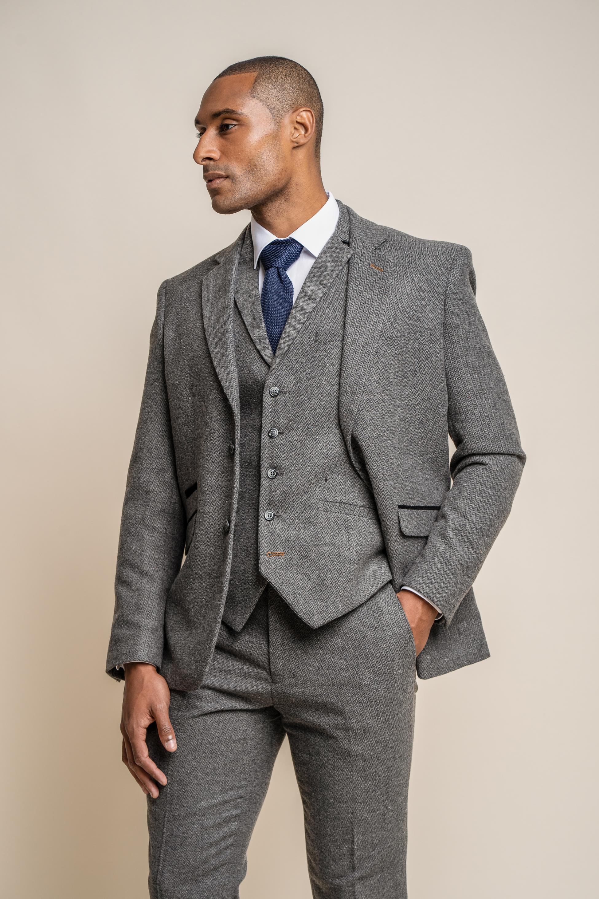 Men's Herringbone Tweed Slim Fit Suit Jacket - MARTEZ - Grey