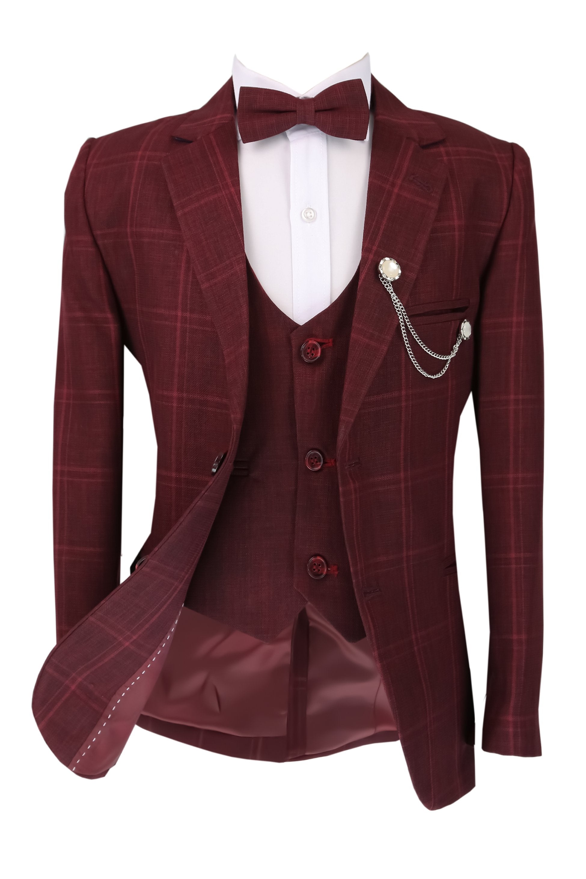 Boys Slim Fit Windowpane Check Burgundy Suit Set - Burgundy