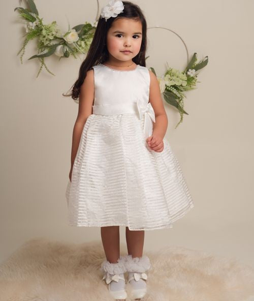 Girls Satin Bow Dress with Striped Tulle Skirt - IZEL - Ivory