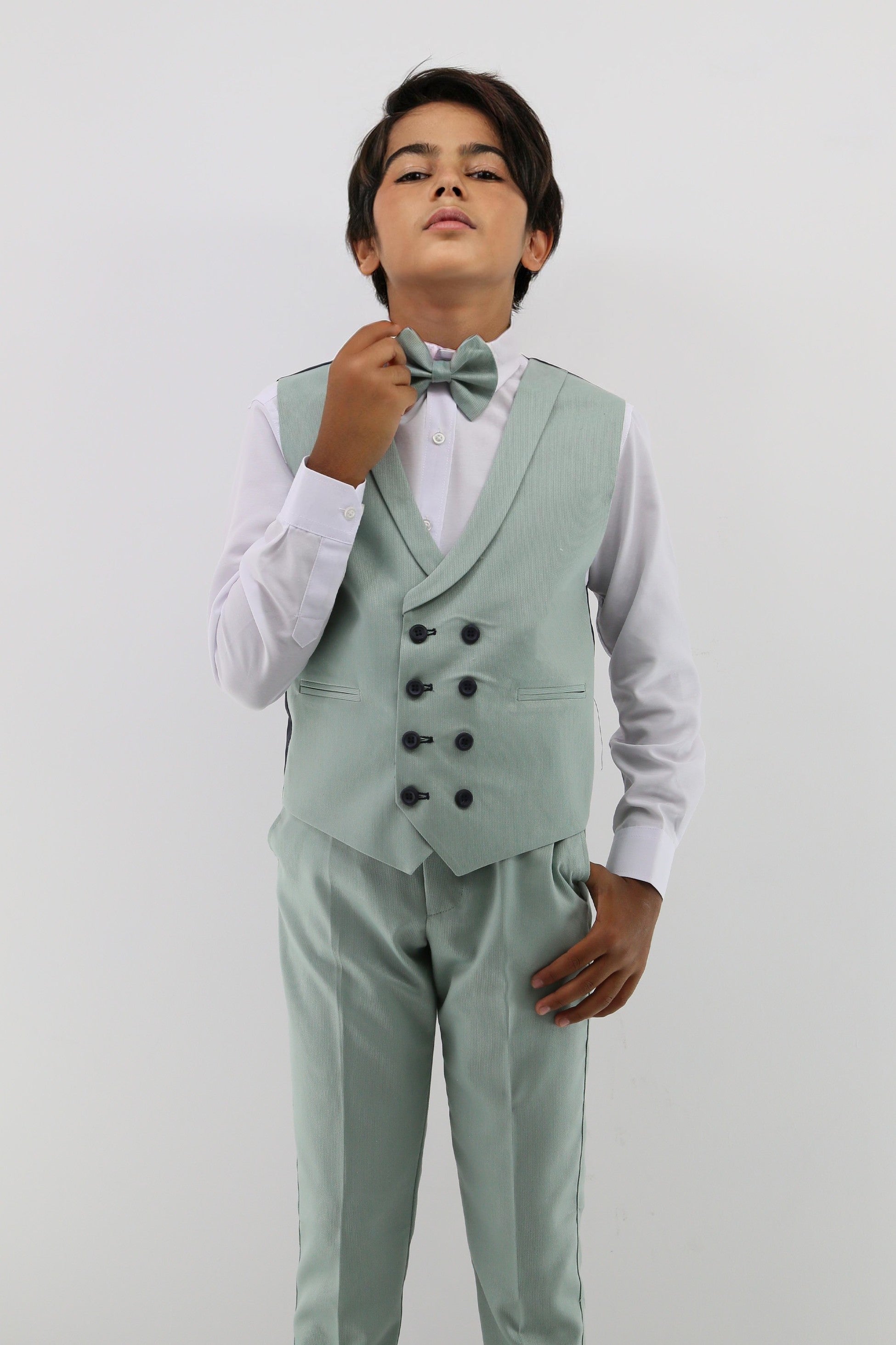 Boys Suit with Double Breasted Waistcoat 6 PC Set - Mint Green