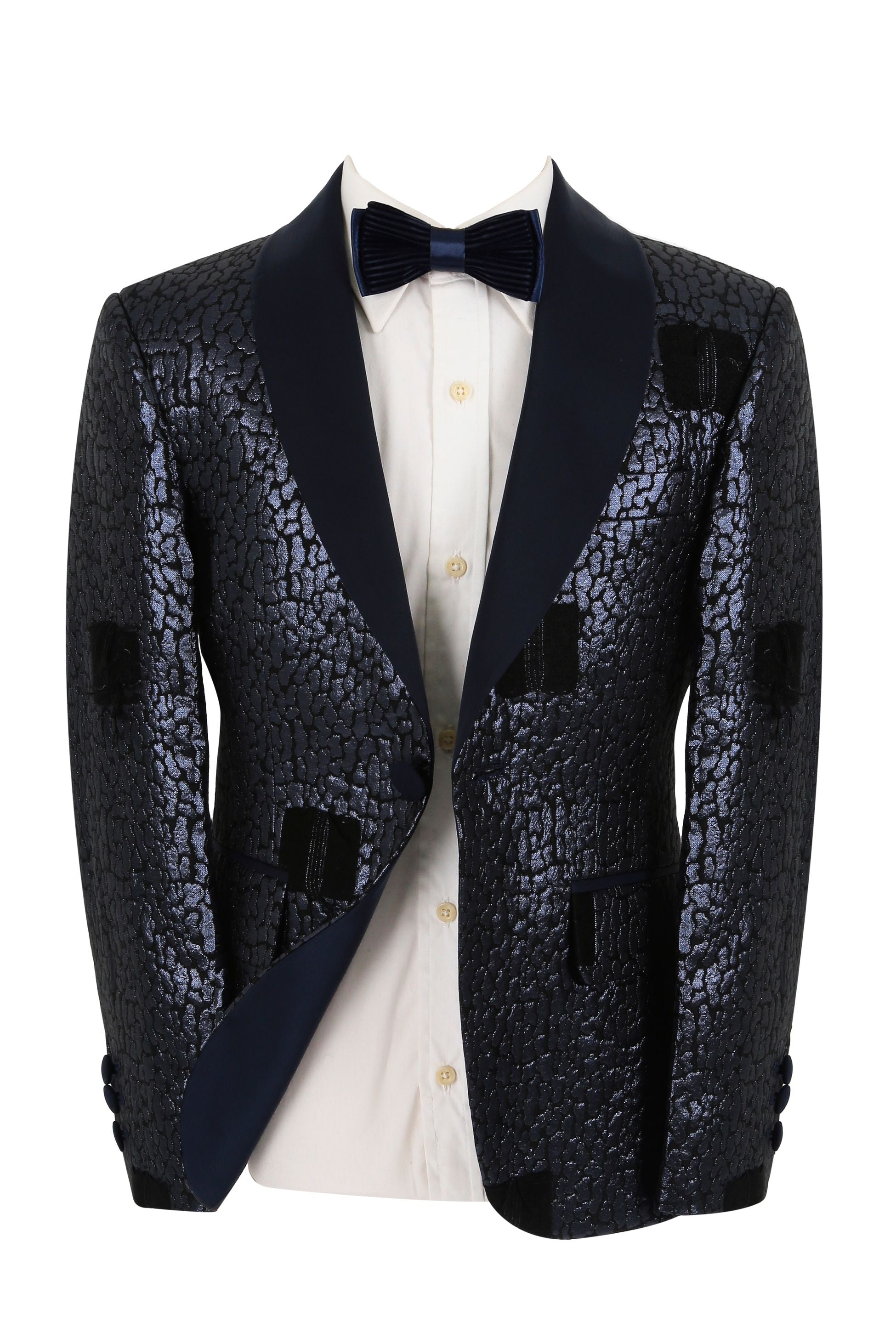 Boys Jacquard Patterned Tuxedo Suit - Navy Blue