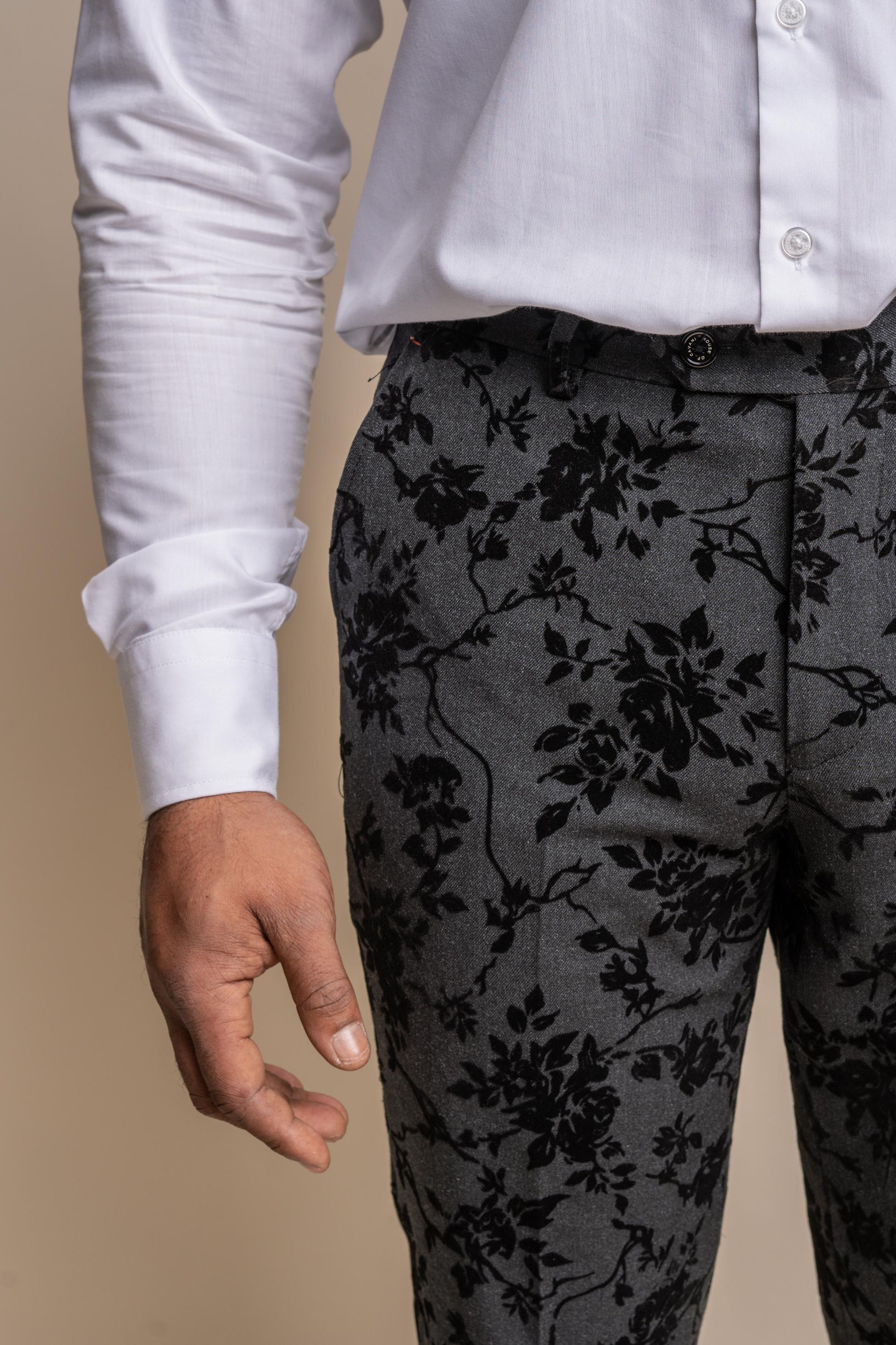 Men's Black Velvet Floral Embroidered Trousers - GEORGI - Black